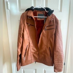American Breed brown faux-leather jacket, fleece lining & black detachable hood